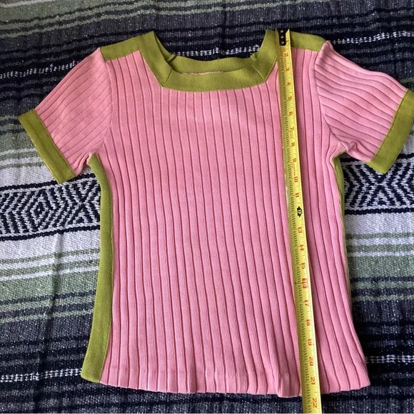 vintage 1960s pink and green ribbed short sleeve sweater top - Picture 7 of 7